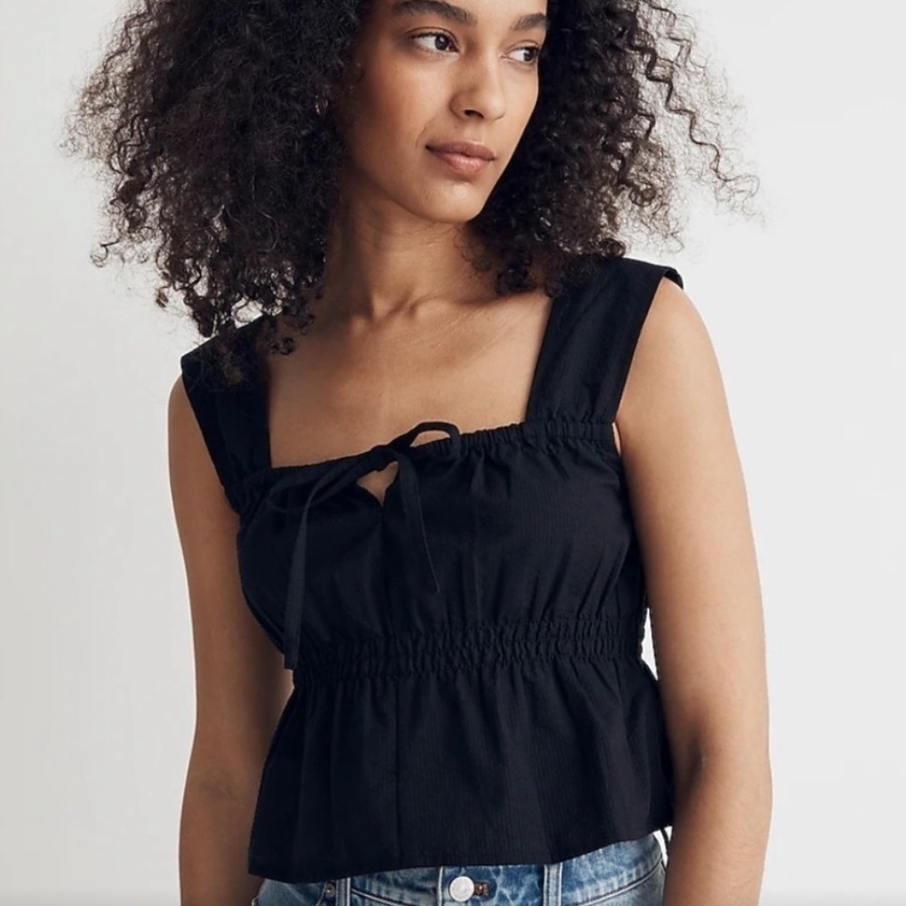 Madewell Black Smocked Tie Front Tank Top Size 10